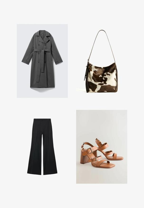 Sivi trenč kaput s dvostrukim kopčanjem sprijeda, pasom na remen, širokim ovratnikom i bočnim džepovima. Glatka tkanina s mat završetkom.; Kremasti top bez rukava s tankim naramenicama, ležernog kroja i valovitim uzorkom od šljokica koji dodaje teksturu i vizualni interes.; Crne široke hlače s glatkom teksturom, koje imaju prednje nabore i kroj po mjeri. Tkanina je lagana i lepršava.; Smeđe kožne sandale na visoku petu s više remena, zlatnim akcentima i kutnim blok-petama. Glatka tekstura, dizajn s otvorenim prstima.; Smeđa i krem torba preko ramena od kravljeg krzna sa glatkim kožnim remenom, zatvaranjem na patentni zatvarač i mekom, teksturiranom površinom koja sadrži prirodan uzorak.