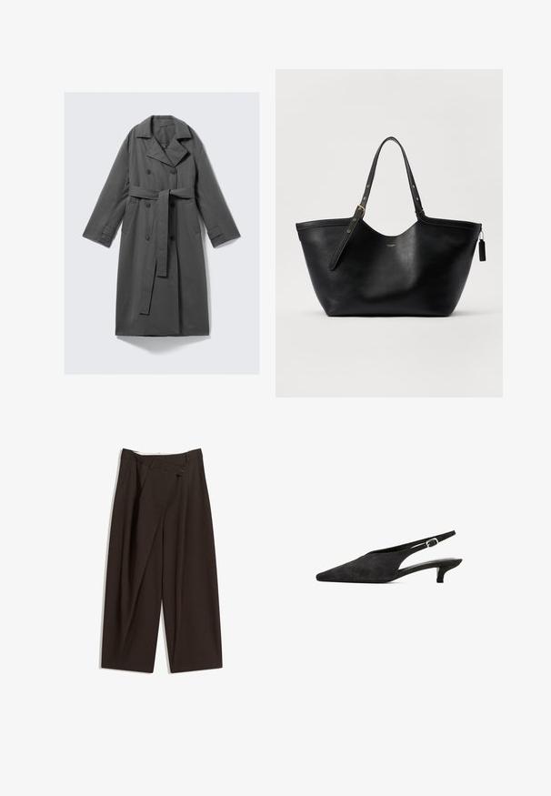 Cappotto grigio impermeabile con un frontale doppiopetto, vita con cintura, ampio colletto a punta e tasche laterali. Tessuto liscio con una finitura opaca.; Top nero con maniche a palloncino corte in tessuto trasparente, scollatura rotonda e corpo aderente. Tessuto morbido con una finitura liscia.; Pantaloni a gamba larga marrone scuro con vita alta, dotati di una chiusura con bottone singolo e una parte anteriore plissettata. Realizzati in tessuto leggero.; Scarpe slingback in suede nero con punta affusolata, tacco modesto e una sottile cinghia alla caviglia con fibbia argentata. Texture liscia in generale.; Borsa tote in pelle nera con una forma strutturata, doppio manico e dettagli in hardware dorato. Presenta una texture liscia e un'etichetta decorativa.