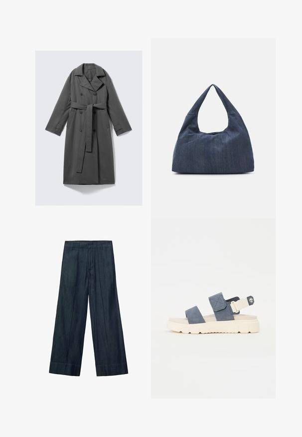 Impermeabil gri cu front cu două rânduri de nasturi, talie cu curea, guler larg, și buzunare laterale. Fabrică netedă cu un finisaj mat.; Tricou de culoare albastru marin cu mânecă scurtă, decolteu rotund, fabricat dintr-un material moale, cu o croială dreaptă și fără modele sau accente vizibile.; Pantaloni largi din denim închis, având un talie înaltă, pliseuri frontale și o textură netedă. Baza este dreaptă, fără detalii suplimentare.; Sandale bleumarin din suede, cu două curele și spate ajustabil. Talpă groasă din cauciuc de culoare crem, cu detalii texturate și accent de logo.; Geantă din denim albastru închis, cu o formă moale și lejeră, având un mâner în stil hobo și o suprafață texturată. Fără accente de metal vizibile.