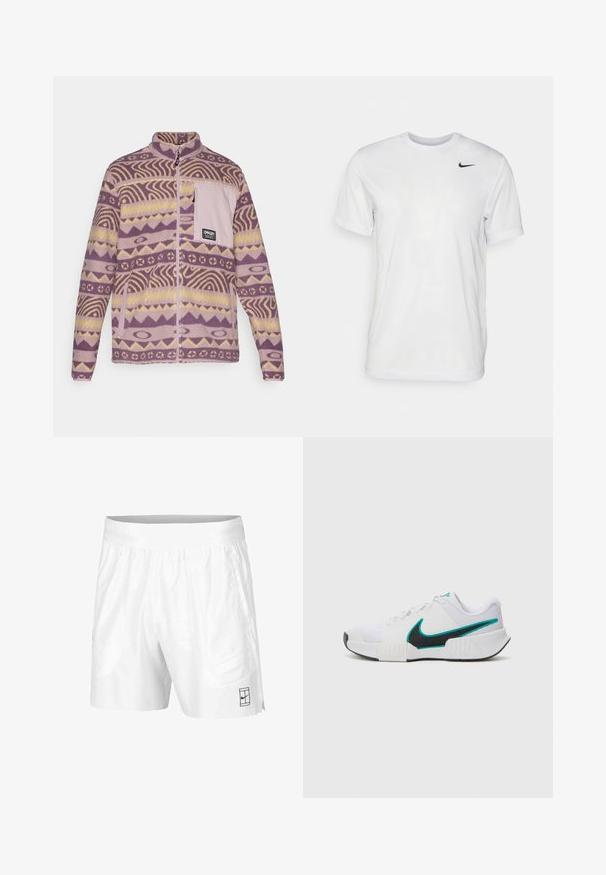 Oakley MOUNTAIN FIRE SHERPA - Jakna iz flisa - toadstool; Bela kratka majica s kratkimi rokavi, izdelana iz gladkega materiala. Ima okroglo ovratnico in majhen črn Nike logotip na levi prsni strani.; Bele športne kratke hlače iz lahkotnega materiala z elastičnim pasom, ki imajo dva stranska žepa in majhen črn logotip na robu.; Bela športna copata z teksturiranim mrežastim zgornjim delom, črnimi gumijastimi podplati in teal Nike simbolom kot poudarkom. Ima vezalke in oblazinjen ovratnik.