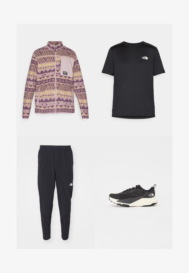 Oakley MOUNTAIN FIRE SHERPA - Fliisjakk - toadstool; Must mustaöödiga must T-särk, mis on valmistatud kerge riidekanga. Esiküljel on vasakul rinnal väike valge logo ning õlgadel on peened aktsendid.; Mustad mustarõngastega sportlikud püksid, kitsenevad sääred ja küljetaskud. Reie peal on diskreetne logo. Sile tekstuur.; Must have musta sportlik king, millel on tekstureeritud võrgu ülemine osa, soliidne mustade aktsentidega ja kerge valge tallaga. Omab kinnituspaelu ja tõmbeaset.