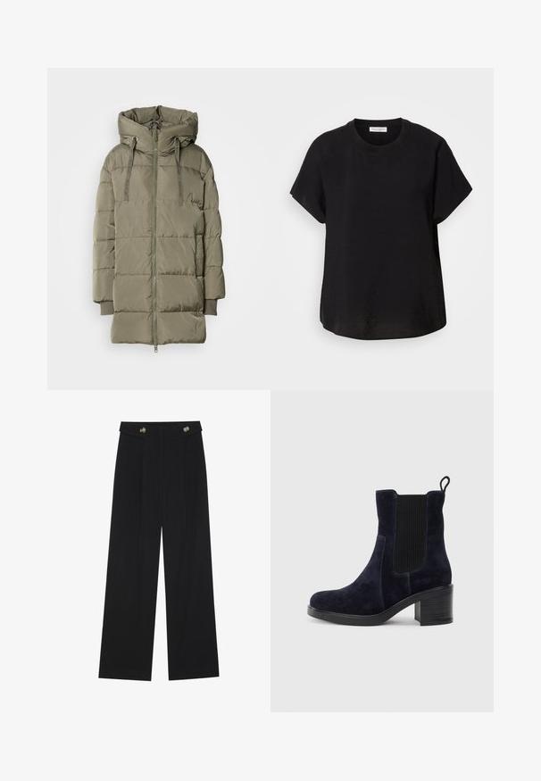 Olívazöld puffkabát magas gallérral, cipzárral és rugalmas mandzsettákkal. Steppelt dizájnnal rendelkezik, sima, fényes textúrával.; Fekete rövid ujjú póló kerek nyakkivágással. Könnyű anyagból készült, laza fazonnal és egyenes végű aljjal.; Fekete, bő szárú nadrág magas derékkal, gombos részletekkel a derékrészen és elülső pliszékkal.; Sötétkék velúr bokacsizma elasztikus oldalpanellel, kerek orral és tömbsarkal. A texturált szövet és a sima talp kontrasztot ad.