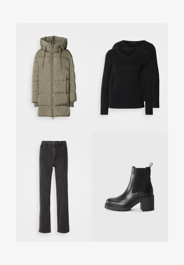 Olive green puffer jacket with a high collar, zip closure, and elastic cuffs. Features a quilted design with a smooth, shiny texture.; Two black long-sleeve shirts with a V-neck design, made of soft, stretchy fabric, showing smooth texture and a fitted shape.; Black denim jeans with a straight cut, high waist, five pockets, and a button closure. Material has a slight texture, no visible patterns.; Black leather ankle boot with a chunky heel, elastic side panels, and a pull tab at the back. Textured sole for added grip.