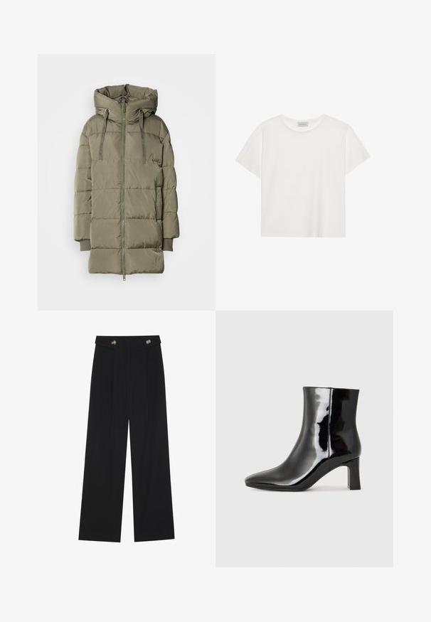 Alyvuogių spalvos pūkinė striukė su aukštu apykakle, užtrauktuku ir elastingomis rankovėmis. Panaudota kviltota medžiaga, su lygiu, blizgiu paviršiumi.; Balta trumpa rankovė T-marškiniai, pagaminti iš minkštos medvilnės. Charakterizuojami apvali kaklo iškirpte ir laisvu siluetu. Švarus dizainas be matomų raštų ar akcentų.; Juodi plačios kojos kelnės su aukštu liemeniu, sagų detalėmis ant liemens ir priekinėmis raukšlėmis.; Juodos lakuotos odinės aulinukės su smailiu pirštu ir vidutinio aukščio blokuotu kulnu. Lygus paviršius ir minimalistinis dizainas.