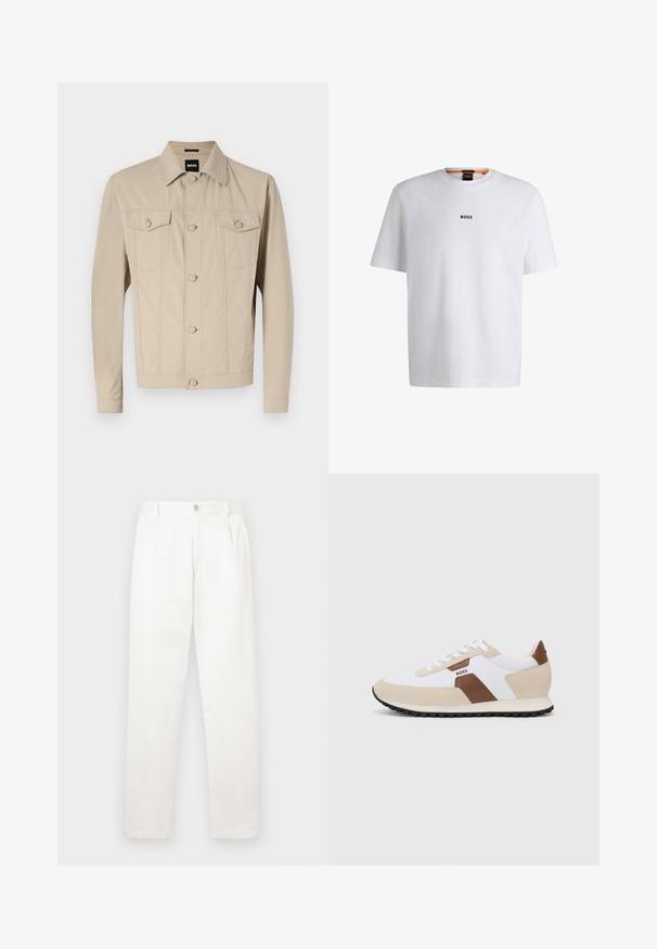 Beige džínová bunda s klasickým límečkem, zapínáním na knoflíky vpředu a dvěma náprsními kapsami; má detailní švy a dlouhé rukávy.; Bílý bavlněný tričko s krátkým rukávem, se středovým černým logem "BOSS" na hrudi a kulatým výstřihem.; Bílé kalhoty vyrobené z hladké tkaniny, s rovnými nohavicemi, předními sklady a jedním knoflíkem na zavírání v pase.; Tenisky s kombinací bílé síťoviny a béžového semiše, s hnědým koženým akcentem. Zaoblená špička, plochá gumová podrážka a šněrovací design.