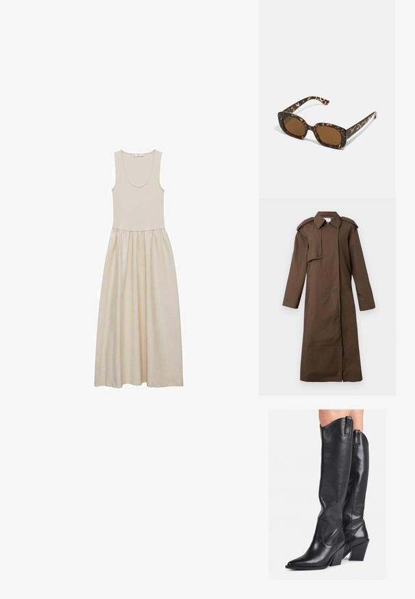 Cappotto trench marrone in materiale leggero, con un ampio colletto, epaulettes sulle spalle, maniche lunghe e tasche laterali.; Abito senza maniche beige con scollatura a barca, corpetto aderente e gonna ampia e fluida. Tessuto morbido con una texture setosa e un leggero lucido.; Stivali neri in pelle al ginocchio con punta affusolata, gambale curvo e tacco grosso. Presentano una texture liscia e linguette di trazione nella parte superiore.; Occhiali da sole in tartaruga con una montatura rotonda e voluminosa e lenti marroni. Presentano delicati motivi e bracci dritti e affusolati.; Borsa a spalla in pelle bovina marrone e crema con tracolla in pelle liscia, chiusura con zip e superficie morbida e testurizzata con un motivo naturale.