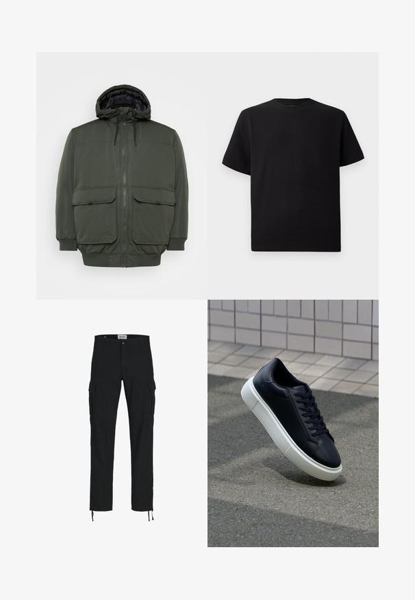 Jack & Jones JJCONSTRUCT - Talvejope - rosin; Must have lühikeste varrukatega must T-särk, mis on valmistatud tekstuursetest materjalidest, ümmarguse kaelusega ja lõdva lõikega. Lihtne, ilma mustrite või aktsentideta.; Mustad mustad püksid sirge lõikega, külje taskutega, nööbiga kinni ja elastsete paeltega pahkluudes. Valmistatud vastupidavast kangast.; Mustast nahast tennisetoss, millel on ümar nina ja valge kummist tall. Omab siredaid paelu ja minimaalset õmblemist ülemises osas. Tekstuuriga tald, mis tagab haakuvuse.