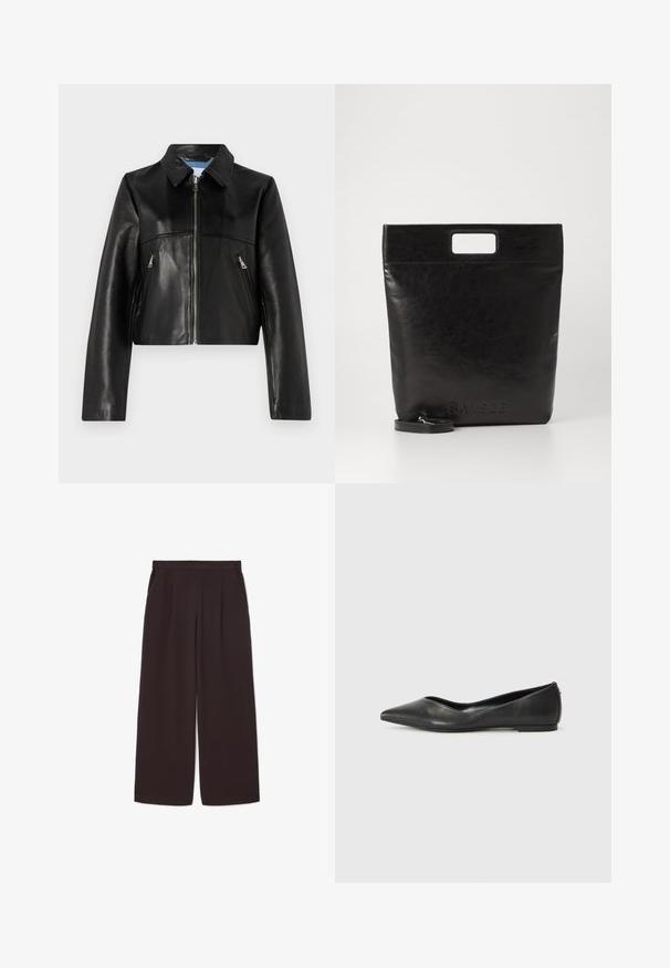 Black leather cropped jacket with a zip closure, pointed collar, and two front zip pockets. Smooth texture with minimal design details.; White long-sleeve collared shirt made of cotton. Features a button-down front and a single chest pocket. Smooth texture, relaxed fit.; Dark brown wide-leg pants made of lightweight fabric, featuring a high waist, pleats, and two side pockets, with an elastic waistband.; Black leather ballet flat with a pointed toe, low heel, and smooth texture. Minimal design with a subtle side accent.; Black leather tote bag with a square handle, featuring a textured finish and embossed logo. Includes a detachable strap.