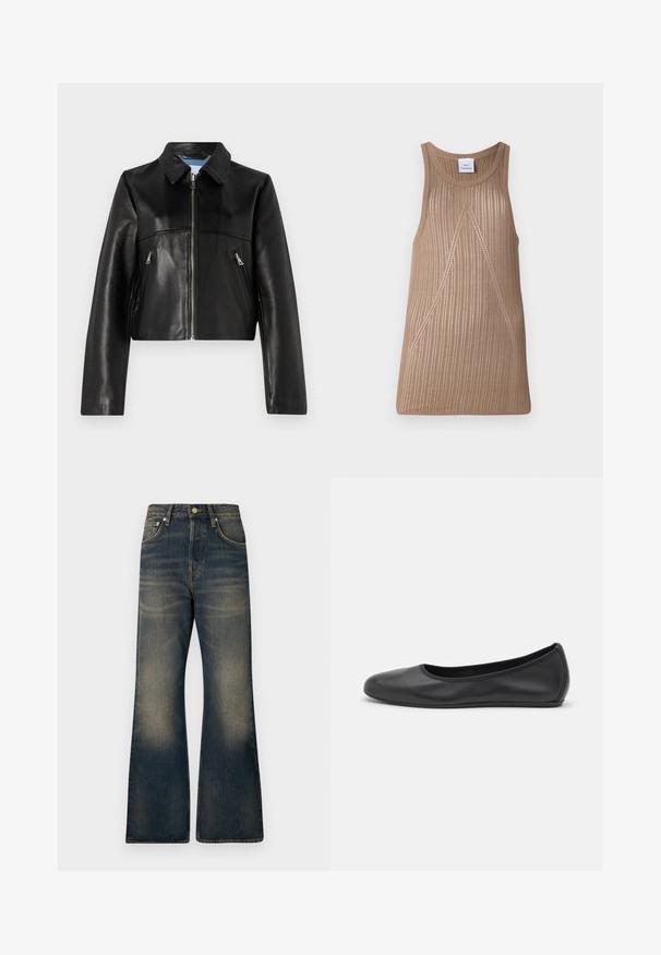 Schwarze Lederjacke im Cropped-Stil mit einem Reißverschluss, spitzem Kragen und zwei vorderen Reißverschlusstaschen. Glatte Textur mit minimalen Designdetails.; Beige, ärmelloses Stricktop mit gerippter Textur, in A-Linien-Form und subtilen diagonalen Nähdetails.; Dunkelblaue Bootcut-Jeans aus Denim mit einer ausgewaschenen Optik, fünf Taschen, einem Knopfverschluss und farblich abgesetzten Nähten.; Schwarze Leder-Ballettschuhe mit abgerundeter Spitze, glatter Textur, minimalen Nähdetails und einem flexiblen Sohlen-Design.