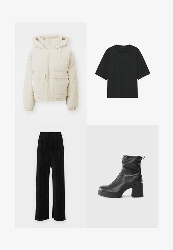 Giacca puffer in corduroy beige con zip frontale, cappuccio e due tasche a toppa anteriori. Presenta una texture a coste e polsini elasticizzati.; T-shirt nera a maniche corte in cotone. Presenta un colletto rotondo, vestibilità rilassata e orlo pulito senza motivi o accessori visibili.; Pantaloni neri a plissé con vita elasticizzata. Presentano gamba ampia e un tessuto liscio e texture con strisce verticali.; Stivali neri alla caviglia in pelle liscia, con zip laterale, tacco spesso e texture, e punta arrotondata.