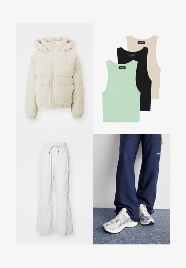 Beige corduroy puffer jacket with a zip front, hood, and two front patch pockets. Features ribbed texture and elastic cuffs.; Three tank tops in mint green, black, and beige; made of ribbed fabric with a round neckline and no sleeves. Brand label visible.; Light grey cargo pants made of textured fabric, featuring an elastic waistband with drawstring, side pockets, and zippers at the ankles.; Nike athletic shoes with a silver mesh upper, white accents, and textured soles, paired with loose-fitting navy pants.