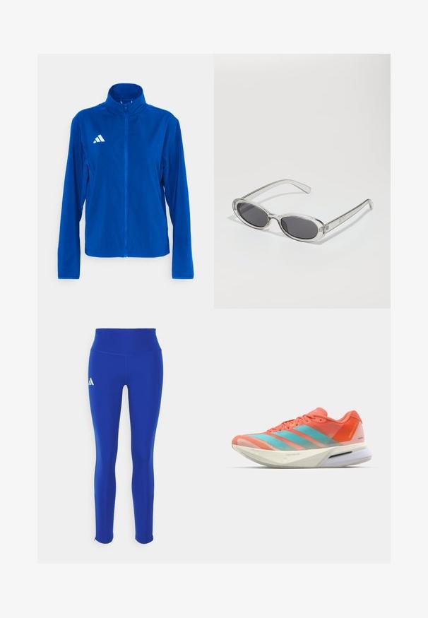 adidas Performance ADIZERO ESSENTIALS - Športna jakna - team royal blue; Skrajšana kapuca v svetlo sivi barvi, narejena iz mehke tkanine. Ima kapuco, vrvico in rebraste manšete. Gladka tekstura brez vzorcev.; Modra športna majica s kratkimi rokavi in krožnim izrezom; izdelana iz lahkega materiala; na levem ramenu je bel Adidasov logotip.; Modre atletske legice z visokim pasom, narejene iz raztegljivega materiala, z belim logotipom na levem boku in diskretnimi robovi.; Tenisice za trčanje s prozračnom mrežicom u koraljno crvenoj i akvamarinskoj boji, s tri pruge, udobnim đonom i elegantnim dizajnom.; Sončna očala ovalne oblike, prozoren plastičen okvir, temno sivi leči in tanke prozorne roke z logotipnimi akcenti in minimalnimi detajli.