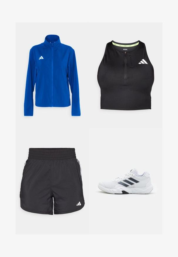 adidas Performance ADIZERO ESSENTIALS - Runningjack - team royal blue; Zwarte atletische crop top met een ritssluiting aan de voorkant, gemaakt van gladde stof. Heeft een groene binnenhalslijn en een wit logo aan de zijkant.; Zwarte sportieve shorts met een elastische tailleband, zijzakken en witte streepaccenten aan de zijkanten. Gemaakt van lichtgewicht materiaal.; Witte sportieve schoen met een bovenwerk van mesh, drie zwarte strepen aan de zijkant, gestructureerde accenten en een stevige rubberen zool met een contrasterend zwart gedeelte.