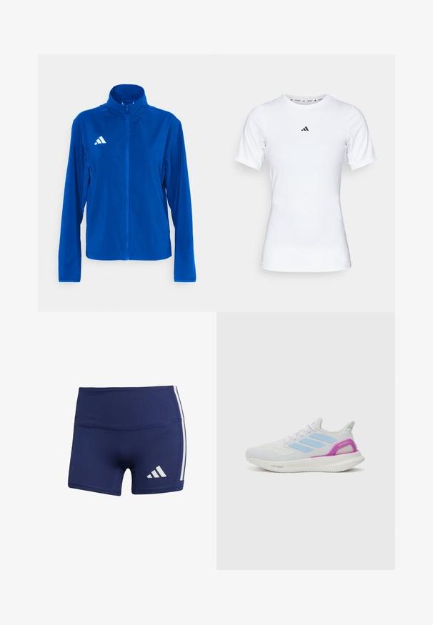 adidas Performance ADIZERO ESSENTIALS - Bežecká bunda - team royal blue; Biela športová tričko s krátkymi rukávmi, vyrobené z hladkej, elastickej tkaniny. Obsahuje malé čierne logo Adidas na hrudi.; Námornícke modré športové šortky s tesným strihom, vyrobené z hladkej tkaniny, s bielymi bočnými pruhmi a logom na dolnom ľavom rohu.; adidas Performance PUREBOOST 5 - Cestná bežecká obuv - white/glow blue/purple burst