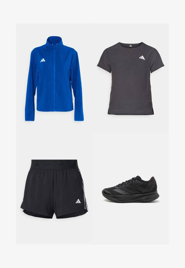 adidas Performance ADIZERO ESSENTIALS - Running jacket - team royal blue; Short-sleeve athletic t-shirt, dark gray with perforated texture. Features a white logo and contrasting side stripes. Rounded neckline.; Black athletic shorts with an elastic waistband, featuring a textured band, side stripes, and a white Adidas logo on the lower hem.; Black running shoe with a breathable mesh upper, rounded toe, sleek design, textured accents, and a cushioned sole for comfort.