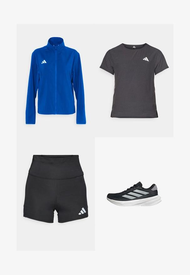 adidas Performance ADIZERO ESSENTIALS - Running jacket - team royal blue; Short-sleeve athletic t-shirt, dark gray with perforated texture. Features a white logo and contrasting side stripes. Rounded neckline.; adidas Performance Leggings - black; Black running shoe with mesh upper, three silver stripes, white midsole, and textured outsole. Features padded collar and lace closure.
