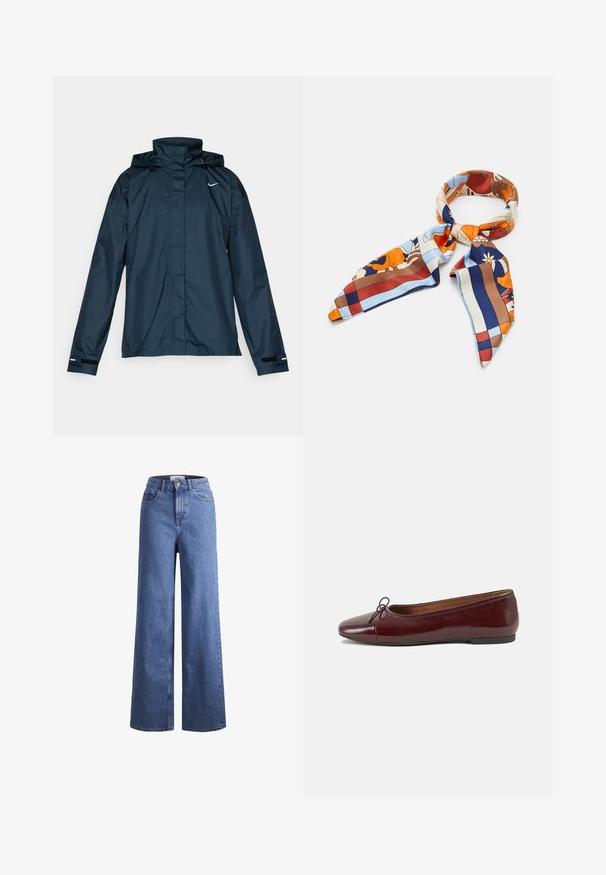 Nike Performance FAST REPEL - Runningjack - armory navy/black/reflective silver; Witte overhemd met knopen van glad katoen, met een klassieke kraag, lange mouwen en een afgeronde zoom. De knopen zijn klein en wit.; Lichtblauwe denim wijde jeans met een hoge taille, twee voorzakken en zichtbare stiksels. Voorzien van een knoop- en ritssluiting.; Bordeaux gepatenteerd lederen ballerina met een ronde neus, een klein strikaccent aan de voorkant en een lage, zwarte rubberen zool. Glad textuur.; Zijden sjaal met een kleurrijk bloemen- en geometrisch patroon in tinten van oranje, blauw, bruin en crème. Driehoekige uiteinden met een zachte textuur.