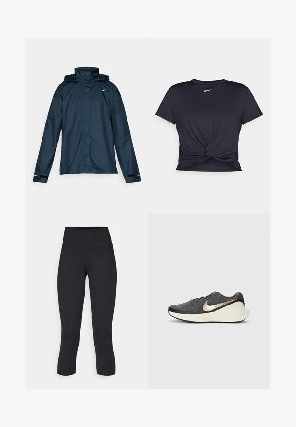 Nike Performance FAST REPEL - Running jacket - armory navy/black/reflective silver; Black athletic t-shirt made of smooth fabric, featuring a knotted front design and a small white Nike logo on the chest.; Black cropped leggings made of stretchy fabric, featuring a high waistband and smooth texture, with no visible patterns or hardware.; Black athletic shoe with a textured mesh upper, a metallic rose gold swoosh, and a white cushioned sole. Rubber outsole with traction pattern.