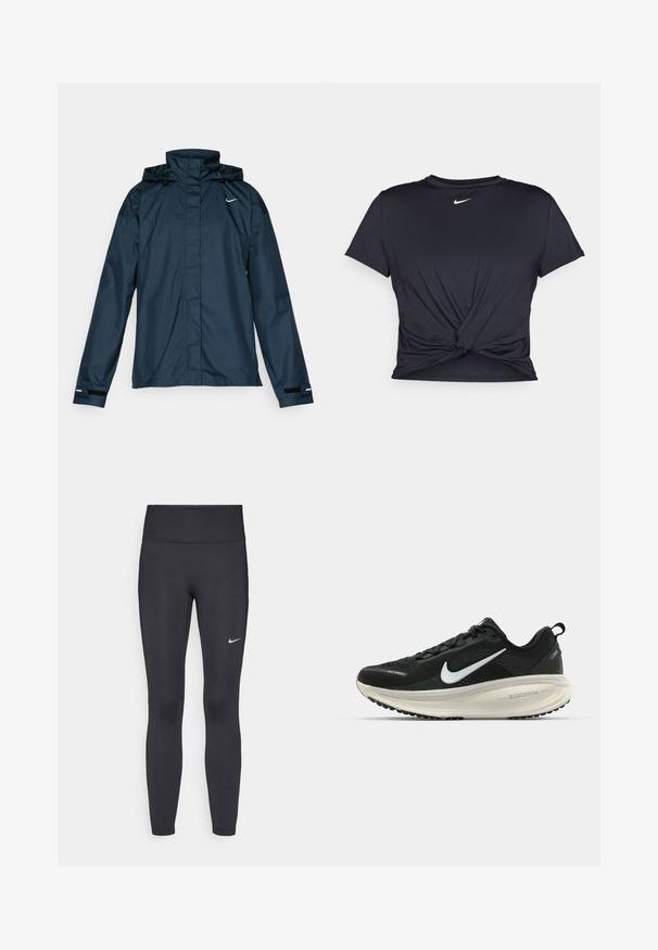 Nike Performance FAST REPEL - Løpejakke - armory navy/black/reflective silver; Svart trenings T-skjorte laget av glatt stoff, med en knyttet frontdesign og en liten hvit Nike-logo på brystet.; Sorte leggings laget av elastisk stoff, med høy livlinje og en hvit Nike-logo på venstre lår. Glatt tekstur, kroppsnær passform.; Svart Nike løpesko med pustende mesh-overdel, hvit swoosh-logo, teksturert detaljer og en kremfarget ZoomX mellomsåle.