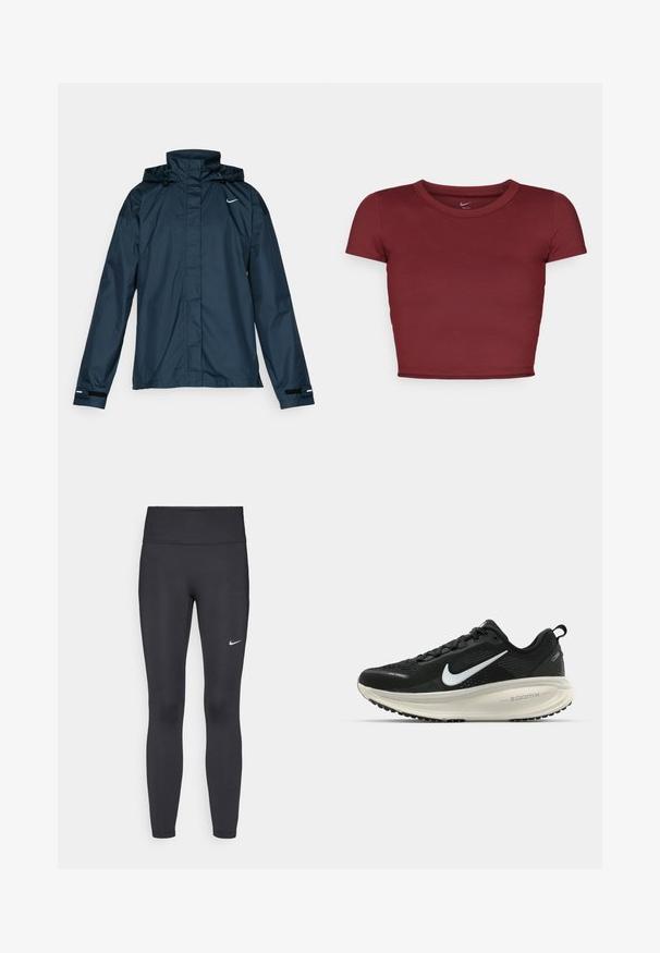 Nike Performance FAST REPEL - Giacca da running - armory navy/black/reflective silver; Top corto a maniche corte color bordeaux realizzato in tessuto morbido con scollatura rotonda. Design minimalista, senza loghi o motivi visibili.; Leggings neri realizzati in tessuto elasticizzato, con una vita alta e un logo Nike bianco sulla coscia sinistra. Tessuto liscio, design aderente.; Scarpa da corsa nera Nike con tomaia in rete traspirante, logo Swoosh bianco, dettagli testurizzati e intersuola ZoomX di colore crema.