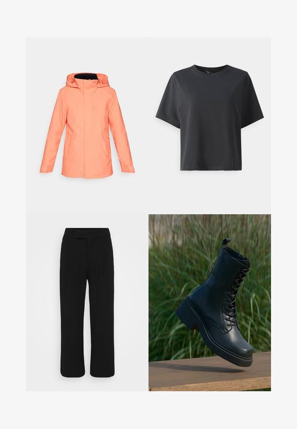 Veekindel korallivärvi jakken, millel on kapuuts, lukuga eesmine osa ja küljetaskud. Omab siledat tekstuuri ja reguleeritavaid mansette.; Must musträtik, lühikesed varrukad, ümar kaelus, vabalt lõigatud, sile tekstuur, lihtne disain, ilma mustrite või aksessuaarideta.; Mustad laiad püksid, mis on valmistatud siledast kangast, sirge esiotsaga, vööloopide ja nähtamatute taskuteta. Puhtad, vormikohased jooned.; Mustad musta nahkasaapad ümmarguse toe, nööridega esiosa ja paksu, chunky kontsaga. Omab detailset tikandit ja sileda pinna tekstuuri.