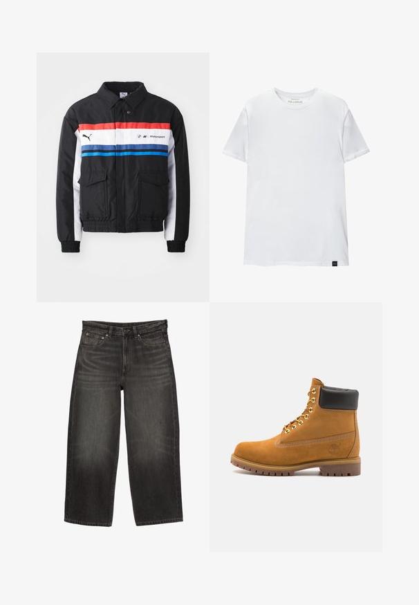 Čierna bombardérka s horizontálnymi pruhmi v červenej, bielej a modrej farbe. Obsahuje dve predné vrecká a elastické manžety a spodný lem. Logo potlačené na hrudi.; Biela tričko priliehajúceho strihu vyrobené z bavlny. Okrúhly výstrih, krátke rukávy, hladká textúra. Malá čierna nášivka s logom na lemovaní. Jednoduchý dizajn.; Čierne široké denimové džínsy s prednými vreckami, pútkami na opasok a zapínaním na gombík, s jemným blednutím a záhybmi.; Tyrkysové semišové členkové topánky s čiernym polstrovaným golierom, zlatými kovovými očkami, bielym prešívaním a robustnou gumovou podrážkou s výraznými drážkami.