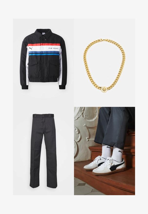Giubbotto bomber nero con strisce orizzontali rosse, bianche e blu. Presenta due tasche frontali e polsini e orlo elasticizzati. Logo stampato sul petto.; T-shirt bianco in cotone con maniche corte, con colletto girocollo, caratterizzato da un piccolo logo dorato sulla parte sinistra del petto. Tessuto morbido e vestibilità regolare.; Pantaloni neri realizzati in tessuto resistente, con un design a gamba dritta, una cintura con passanti per la cintura e cuciture per una maggiore texture.; Sneakers Puma in suede bianco e nero, con suola in gomma marrone. Abbinati a calzini bianchi con logo nero, indossati con pantaloni scuri.; Collana in oro con grandi anelli intrecciati, caratterizzata da un dettaglio pendente circolare al centro con un emblema in rilievo.