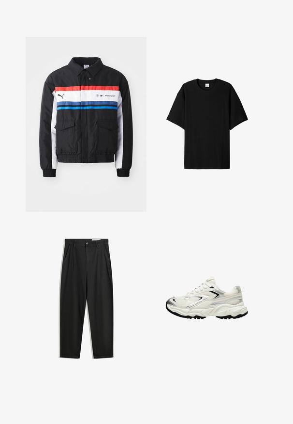 Crna bomber jakna s crvenim, bijelim i plavim horizontalnim prugama. Ima dva prednja džepa te elastiku na manžetama i donjem rubu. Logo otisnut na prsima.; Crna rebrasta kratka majica s kratkim rukavima i okruglim izrezom, s opuštenim krojem i teksturiranom površinom. Jednostavan dizajn; bez grafika ili akcenta.; Crne pamučne hlače s opuštenim krojem, s klasičnim pojasom, prednjim nabranjima i bočnim džepovima. Glatka tekstura bez uzoraka.; Bijele tenisice s mrežastim gornjim dijelom, srebrnim naglascima, crnim potplatom i teksturiranim panelima. Imaju vezivanje na vezice i zaobljen oblik prstiju.