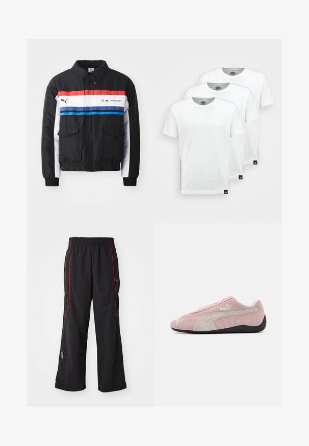 Czarna kurtka bombka z poziomymi paskami w kolorach czerwonym, białym i niebieskim. Posiada dwie przednie kieszenie oraz elastyczne mankiety i dolną krawędź. Logo nadrukowane na klatce piersiowej.; Trzy gładkie białe bawełniane koszulki z krótkim rękawem. Każda koszulka ma okrągły dekolt i małą czarną metkę z logo po lewej stronie.; Czarne spodnie sportowe z elastycznym pasem, czerwoną lamówką po bokach, zamykanymi na zamek kieszeniami oraz luźnym krojem. Wykonane z lekkiego, teksturowanego materiału.; Różowe zamszowe sneakersy z szarymi akcentami, smukły design, teksturowana cholewka i czarna gumowa podeszwa. Zawiera logo Puma po boku.