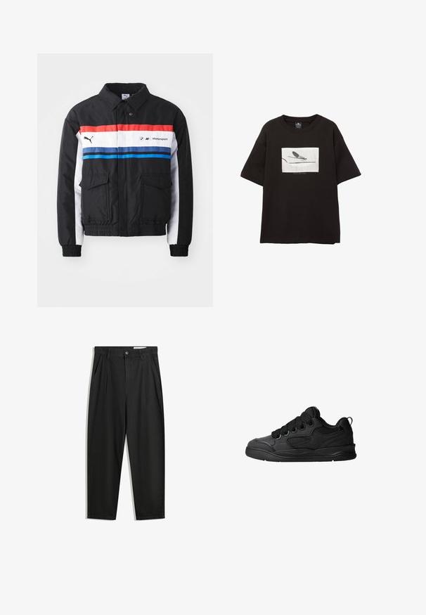 Sort bomberjakke med røde, hvide og blå horisontale striber. Har to forlommer og elastiske manchetter og kant. Logo trykt på brystet.; Sort bomulds t-shirt med korte ærmer, med et hvidt rektangulært grafisk billede af en flue på en tynd linje, minimal branding under billedet.; Sorte bomuldsbukser med en afslappet pasform, der har en klassisk talje, frontfolder og sidelommer. Glat tekstur uden mønstre.; Sorte sneakers med en struktureret overdel, som har snørebånd, meshdetaljer for åndbarhed, polstret krave og en robust ydersål.