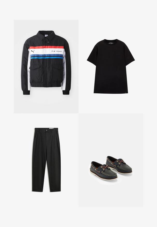 Mustat pommitakkia punavalkoisen ja sinivalkoisen vaakasuoran raidoin. Sisältää kaksi etutaskua sekä joustavat hihansuut ja helman. Logo painettuna rintaan.; PULL&BEAR JOIN LIFE - T-paita - black; Mustat puuvillahousut rentoa mallia, joissa on klassinen vyötärö, etukangastukset ja sivutaskut. Sileä pinta ilman kuvioita.; Laivastonsiniset nahkakengät keltaisella ompelulla, punaisilla nauhoilla ja hopeisilla metallirei'illä; pyöreä kärki; valkoinen kumipohja.