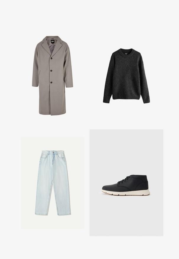 Svetlo sivi plašč do kolen, izdelan iz mehkega materiala, z zareznim ovratnikom, z gumbnim zapiranjem in dvema stranskima žepoma.; Temno sivo pulover, izdelan iz teksturirane volnene mešanice, z okruglim izrezom, dolgimi rokavi in ribanim manšetami ter robom. Enostaven dizajn.; Svjetloplave traperice s ležernim krojem, ravnim nogavicama, dizajnom s pet džepova i suptilnim izblijedjenjem na tkanini.; Črne usnjene chukka čevlje z belo gumijasto podplato, z okroglimi vezalkami in stranskim logotipom, vtisnjenim na peti. Gladka tekstura skozi celotno površino.