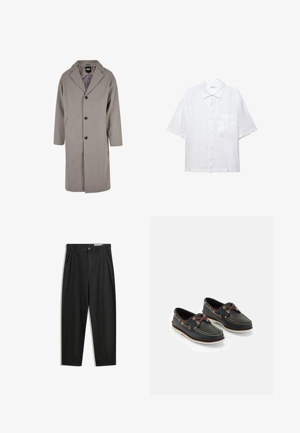 Vaaleanharmaa, polvipituinen takki, joka on valmistettu pehmeästä materiaalista. Takissa on lovettu kaulus, nappisuljenta ja kaksi sivutaskua.; Valkoinen lyhythihainen paita nappikiinnityksellä, kauluksella ja yhdellä rintataskulla. Valmistettu kevyestä kankaasta, jossa on sileä rakenne.; Mustat puuvillahousut rentoa mallia, joissa on klassinen vyötärö, etukangastukset ja sivutaskut. Sileä pinta ilman kuvioita.; Laivastonsiniset nahkakengät keltaisella ompelulla, punaisilla nauhoilla ja hopeisilla metallirei'illä; pyöreä kärki; valkoinen kumipohja.