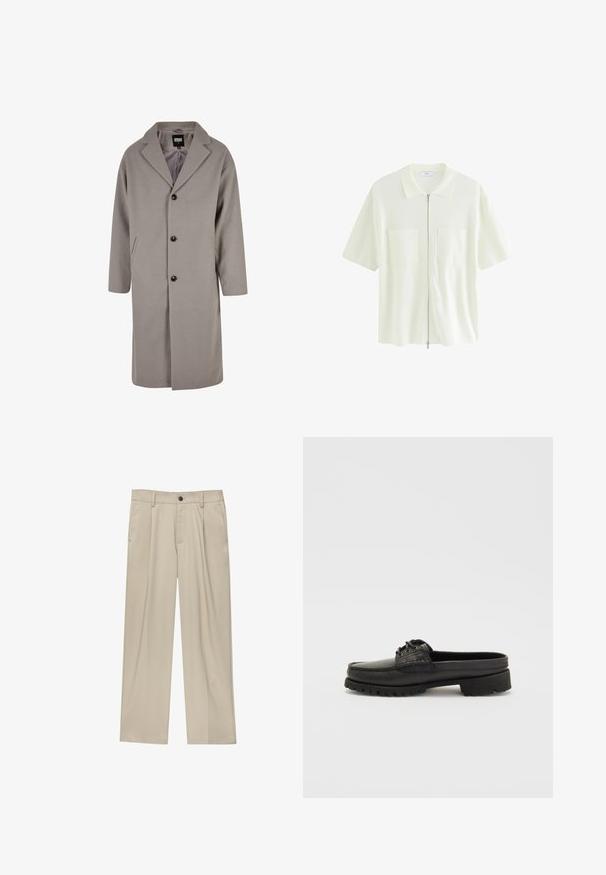 Helles grauer, knielanger Mantel aus einem weichen Material, mit Reverskragen, Knopfverschluss und zwei Seitentaschen.; Kurzärmliges, weißes Kapuzenshirt aus strukturiertem Stoff mit Kragen und zwei Vordertaschen mit quadratischen Klappen.; Beige Hosen mit geradem Schnitt, ausgestattet mit einem einzelnen schwarzen Knopf, Gürtelschlaufen und Seitentaschen. Glatte Stofftextur und minimalistisches Design.; Schwarzer Leder-Schlüpfschuh mit Schnürdetails, abgerundeter Zehenpartie und strukturiertem Sohle. Verfügt über einen leicht erhöhten Absatz und eine glatte Oberfläche.