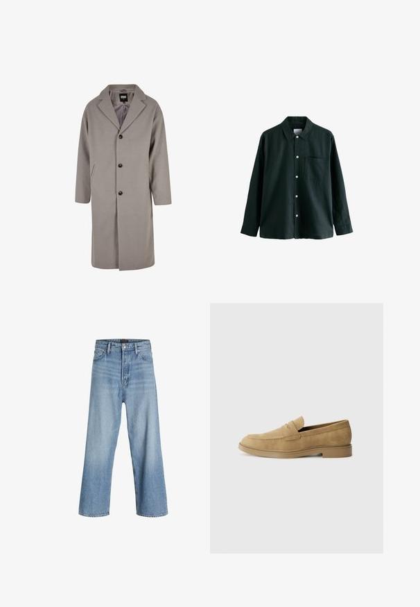 Svetlo šedý kabát po kolená vyrobený z mäkkého materiálu, s klopovým golierom, zapínaním na gombíky a dvoma bočnými vreckami.; Tmavozelená košeľa na gombíky s golierom, dlhými rukávmi a jednou náprsní kapsou; má biele gombíky a jemnú textúru.; Svetlomodré široké džínsy vyrobené z denimu, s vysokým pásom, klasickým päťvreckovým dizajnom a zapínaním na gombík s predným zipsom.; Hnedé semišové mokasíny s zaoblenou špičkou, nízkým blokovým podpätkom a prešívaním na hornom diele. Hladká štruktúra a minimalistický dizajn.