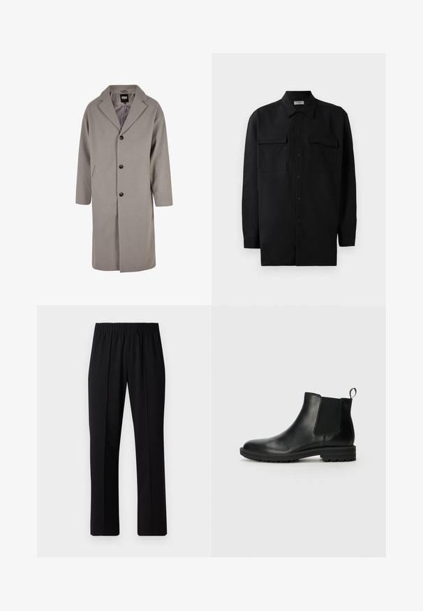 Light gray, knee-length coat made of a soft material, featuring a notched collar, button closure, and two side pockets.; Black button-up shirt made of smooth fabric, featuring a classic collar, two front pockets, and long sleeves with button cuffs.; Black, elastic-waist trousers with a straight-leg design, featuring a smooth texture and no visible patterns or hardware.; Jack & Jones JFWHOSKINS - Classic ankle boots - anthracite