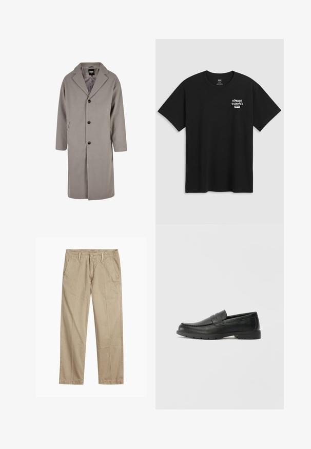 Lys grå, kne-lengde kåpe laget av et mykt materiale, med spiss krage, knappelukking og to sidelommer.; Svart bomull t-skjorte med brysttrykk som leser "HUSPLANTER" i hvit stilisert skrift med "Levi's" under. Klassisk crew-hals.; Beige straight-leg chinos med beltehemper, frontlukking med knapp og glidelås, og skrå frontlommer.; Svart skinnloafers med glatt finish, mokkasin-stil overdel, broderte detaljer og gummisåle. Klassisk design med lav hæl.