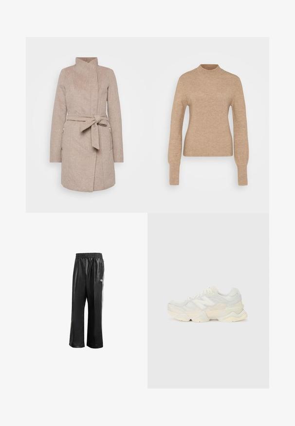 Beige vilnas mētelis ar augstu apkakli, jostu, priekšējām kabatām un herringu rakstu. Ievērojama pieguļošā forma un pogu aizdare.; Bežs ribots adīts džemperis ar stāvapkakli, garām piedurknēm un pieguļošu siluetu. Mīksta tekstūra ar gludu apdari. Minimālistisks dizains; bez rakstiem.; Melnas sintētiskas sporta bikses ar elastīgu jostasvietu, ar baltām sānu svītrām un mazu baltu logo kreisajā gurnā.; Vieglas sporta apavus ar sieta un zamšādas augšdaļu maigos krēma tonī, ar masīvu zoli un trīsdimensionāliem akcentiem.