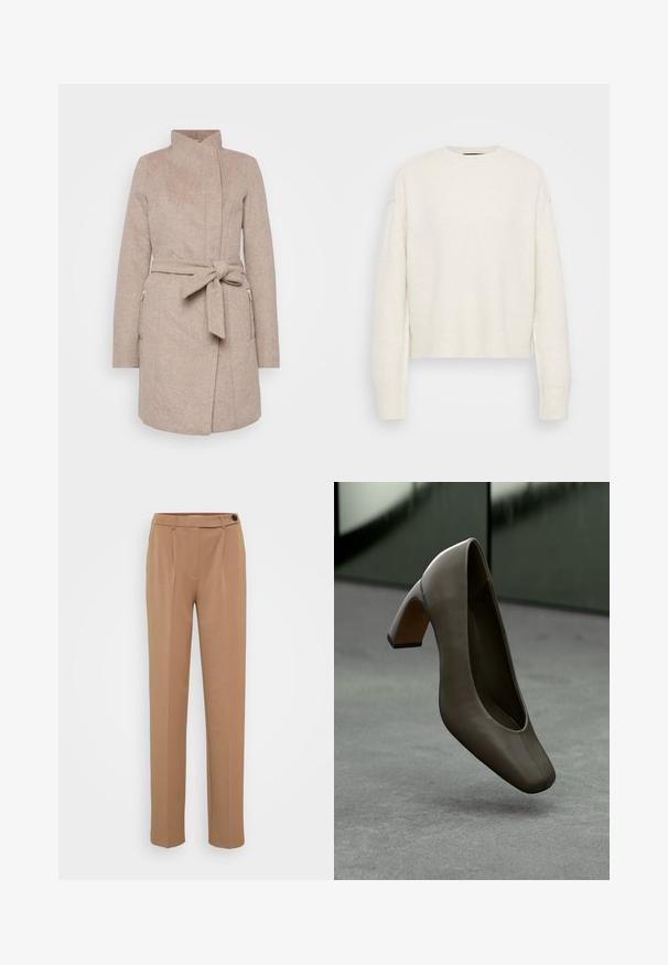 Bežinis vilnonis paltas su aukštu apykakle, diržo juosta, priekinėmis kišenėmis ir zigzago raštu. Yra prigludęs fasonas ir mygtukų uždarymas.; Baltas megztinis su apvalia iškirpte ir laisvu siluetu. Sukurtas su įaudžiamais rankogaliais ir apačia, pagamintas iš minkštos tekstūruotos medžiagos.; Rudos pritaikytos kelnės su tiesia kojomis, turinčios vieną mygtuką ir pūsto priekinį dizainą. Sklandus paviršius, minimalistinis stilius.; Tamsiai alyvinės spalvos odinės aukštakulnės bateliai su kvadratiniu pirštu ir blokiniu kulnu, besisukantys virš pilko betono grindinio su neryškiu žaliu fonu.