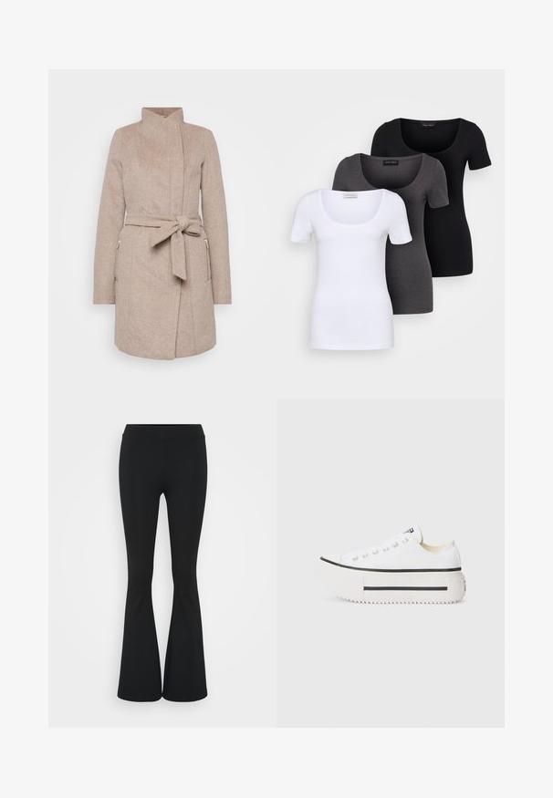 Beige villaneit, millel on kõrge krae, nöörvöö, ees taskud ja hargniidi tekstuur. Omab sobivat lõiget ja nööpidega sulgemist.; Kolm mugavat T-särki valges, hallis ja mustas värvitoonis. Igal särgil on lai madal kaelus ja lühikesed varrukad. Valmistatud siledast, venivast kangast.; Mustad flared püksid venivast kangast, kõrge vöökoht ja sile tekstuur. Püksid laienevad põlve kohalt.; Valge kangast platvormi tossud musta kummitaldaga, ümmarguse varbaga ja metallist silmadega, mis omavad lihtsat ja puhta disaini.