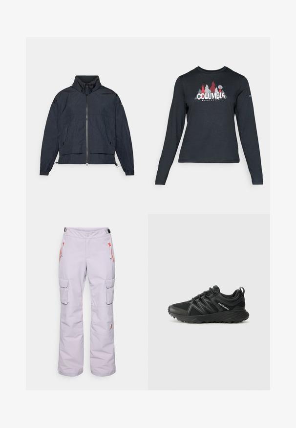 Columbia PARACUTIE™ - Vetrovka - black; Dlhý rukáv, tmavošedá košeľa s grafikou červených stromov a hôr; logo "COLUMBIA" v tučnom bielom texte. Mäkká tkanina, štandardný okrúhly výstrih.; Svetlo fialové snehové nohavice vyrobené z odolného materiálu, s bočnými vreckami a oranžovými akcentmi a vo voľnom strihu. Zahrnutý je nastaviteľný pás.; Columbia PEAKFREAK - Turistické topánky - black