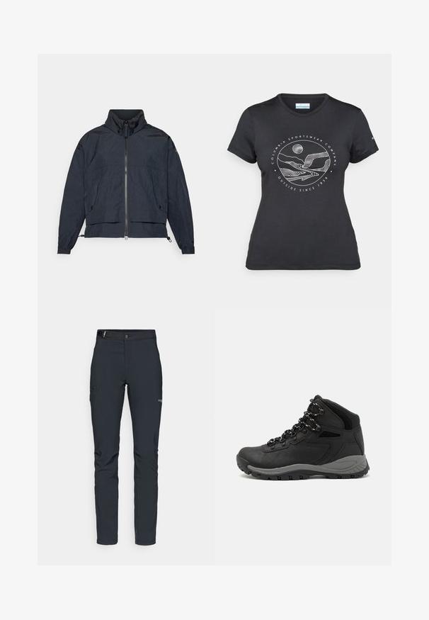 Columbia PARACUTIE™ - Windbreaker - black; Black Columbia t-shirt with white circular mountain and river line art and text "Columbia Sportswear Company Outside Since 1938."; Men's outdoor pants, dark gray, made from flexible material, featuring a belt, zippered pockets, and reinforced stitching.; Black hiking boot with a mid-top design, featuring a textured upper, gray accents, and durable rubber sole with traction lugs.