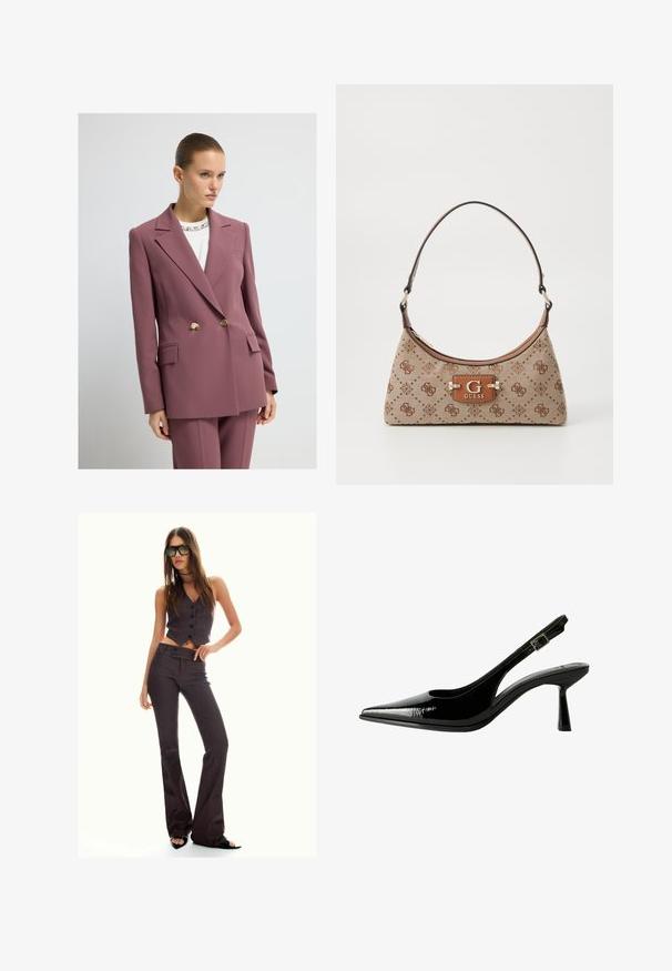 Double-breasted blazer in mauve fabric with notched lapels, gold buttons, and front pockets. Worn over a white top with a decorative collar.; White long-sleeve top with a boat neckline. Made of soft material, features flared sleeves and a straight hem, offering a simple and versatile design.; Brown pinstriped cropped vest and flared pants, featuring buttons and a textured fabric. Black open-toed shoes and oversized sunglasses.; Black patent leather slingback pump with a pointed toe, cutout sides, adjustable ankle strap, and a thin, sleek heel.; Tote bag in beige fabric with brown patterned accents. Features a curved shape, single strap, and a logo plaque in front with silver hardware.