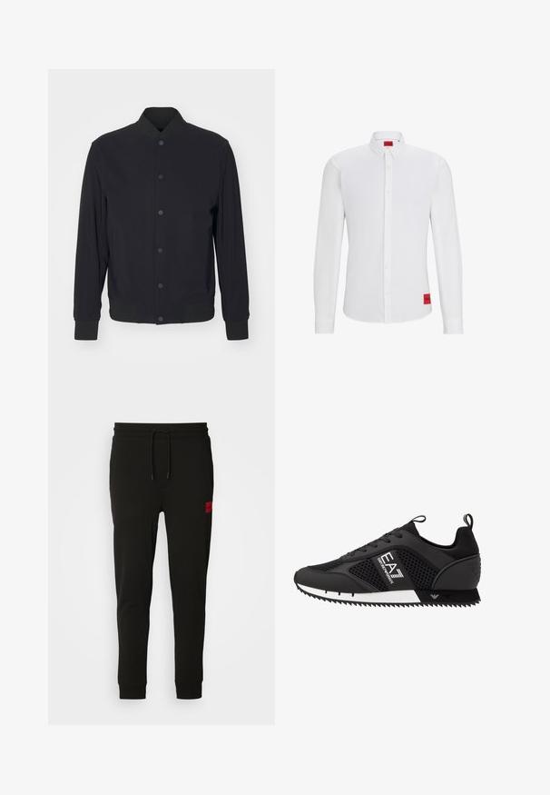 Must must välja bomber jakk, millel on klõpsuga esiosa, soonikkoes krae, mansetid ja vöökoht, esitatud tavalise valge tausta ees.; Valge pika varrukaga särk nööpidega kaeluses, millel on küljes punane brändi silt ja sile, ühtlane tekstuur.; Musta trenningpükste komplekt, mis on valmistatud pehmest kangast, jooned paisutamiseks, kitsas lõige ja punane logopatch vasakul reiel.; EA7 Emporio Armani LACES UNISEX - Tossud - black/white