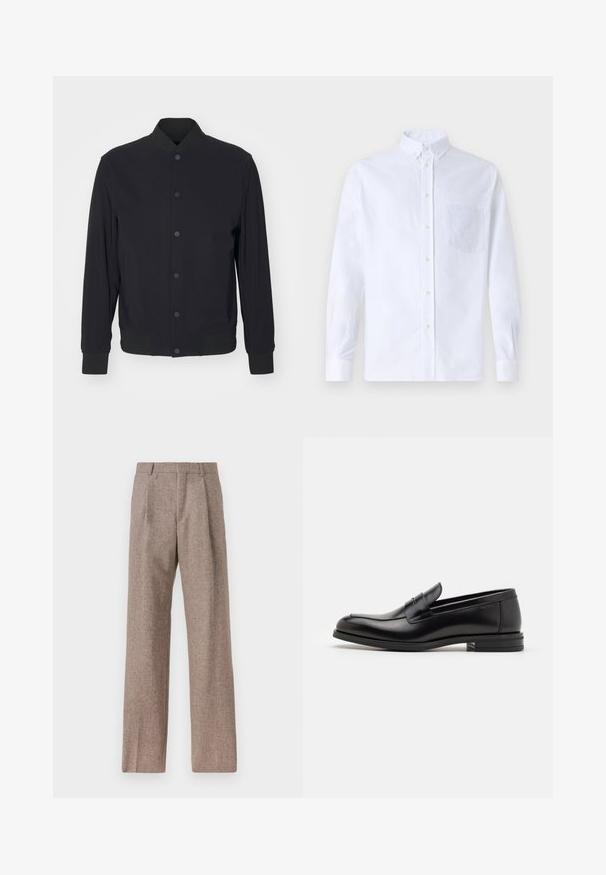 Black lightweight bomber jacket with snap button front, ribbed collar, cuffs, and waistband, shown against a plain white background.; White long-sleeve button-up shirt made of cotton, featuring a chest pocket with tonal embroidery, a collar, and button cuffs.; Brown, high-waisted trousers made of textured fabric. Features wide legs and two front pleats for structure. Neat finish with no visible hardware.; Black leather loafers with a smooth texture, rounded toe, and a decorative strap across the vamp. Low stacked heel, minimalist design.