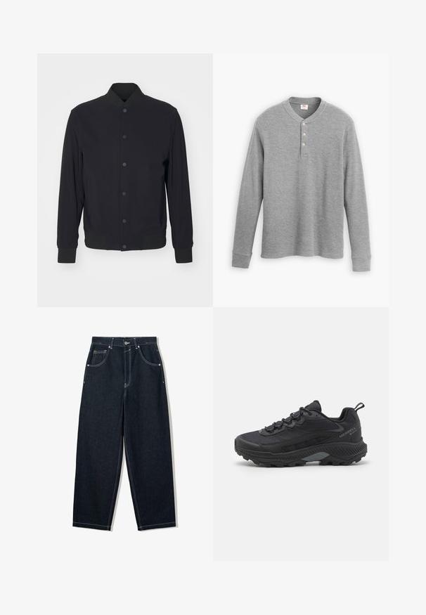 Sort letvægts bomberjakke med snapknap foran, ribbet krave, manchetter og talje, vist mod en ensfarvet hvid baggrund.; Grå langærmet henley skjorte lavet af ribbet stof, med en tre-knaps plastron og en rund halsudskæring med en let tætsiddende pasform.; Løsvidde, mørke denim jeans med kontrastfarvet hvid syning, fem lommer og knappelukning. Har et højt talje-design.; Sort trail løbesko med tekstureret mesh-overdel, forstærket gummitåhætte og robust ydersål. Reflekterende detaljer og støttende hældesign.