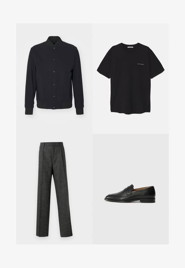 Svart lett bomberjakke med knapper foran, ribbestrikket krage, mansjetter og midjebånd, vist mot en helt hvit bakgrunn.; Svart bomull T-skjorte med rund hals, korte ermer, og hvit logo trykk på venstre bryst. Enkel, ensfarget design.; Grå skreddersydde bukser laget av teksturert stoff, med to frontpleater og rette ben. Ingen synlige lommer eller dekorasjoner.; Svart skinnloafer med rund tå, subtilt sydd detaljering og lav hæl, med en glatt tekstur og minimalistisk design.