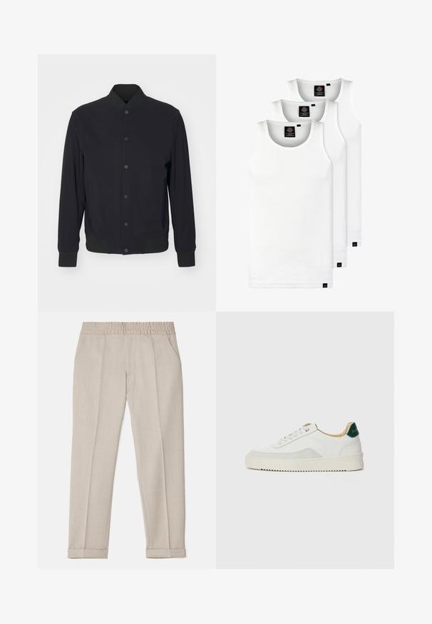 Schwarze leichte Bomberjacke mit Druckknopfverschluss, geripptem Kragen, Bündchen und Saum, vor einem einfarbigen weißen Hintergrund präsentiert.; Drei weiße, gerippte Tanktops aus Baumwolle. Merkmale einen Rundhalsausschnitt und kleine schwarze Etiketten am Saum. In mehreren Größen erhältlich.; Filippa K TERRY CROPPED TROUSERS - Stoffhose - sage melange; Weiße Sneaker mit Wildlederelementen, runder Zehenpartie, flachen Schnürsenkeln und einer cremefarbenen Gummisohle. Mit grünen Markenlogo am Fersenbereich.