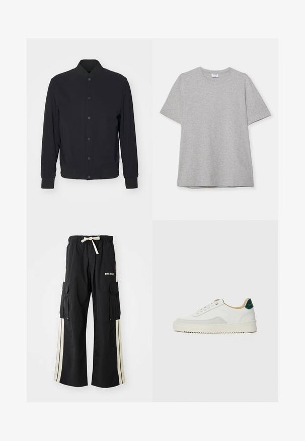 Μαύρο ελαφρύ μπουφάν bomber με κλείσιμο από κουμπιά, ριμπ κολάρο, μανσέτες και μέση, εμφανίζεται σε απλό λευκό φόντο.; Γκρίζα κοντομάνικη μπλούζα φτιαγμένη από μαλακό, υφασμάτινο υλικό. Διαθέτει κλασικό στρογγυλό λαιμό και ίσια στρώση, κατάλληλη για ένδυση καθημερινής χρήσης.; Μαύρο cargo παντελόνι με ελαστική μέση και κορδόνι ρύθμισης, διαθέτει κρεμ ρίγες στο πλάι, πολλές τσέπες και λογότυπο μπροστά.; Λευκά sneakers με σουέτ λεπτομέρειες, στρογγυλή μύτη, επίπεδα κορδόνια και κρέμα από καουτσούκ σόλα. Διαθέτει πράσινη επωνυμία στη φτέρνα.