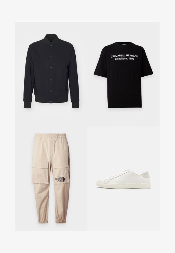 Must must välja bomber jakk, millel on klõpsuga esiosa, soonikkoes krae, mansetid ja vöökoht, esitatud tavalise valge tausta ees.; Must soeäriga must T-särk puuvillast, ümar kaelus, mille esiküljel on valge kiri: "DSQUARED2 HERITAGE Asutatud 1995".; Beežid cargo püksid, mis on valmistatud kergest kangast, elastse vöökohtaga, vetthülgavate taskutega ja trükitud logoga vasakul säärel.; Valge nahast sneaker, millel on sile pind, ümar varvas ja minimalistlik disain. Omab beeže aktsente kontsas ja kummist tallat.
